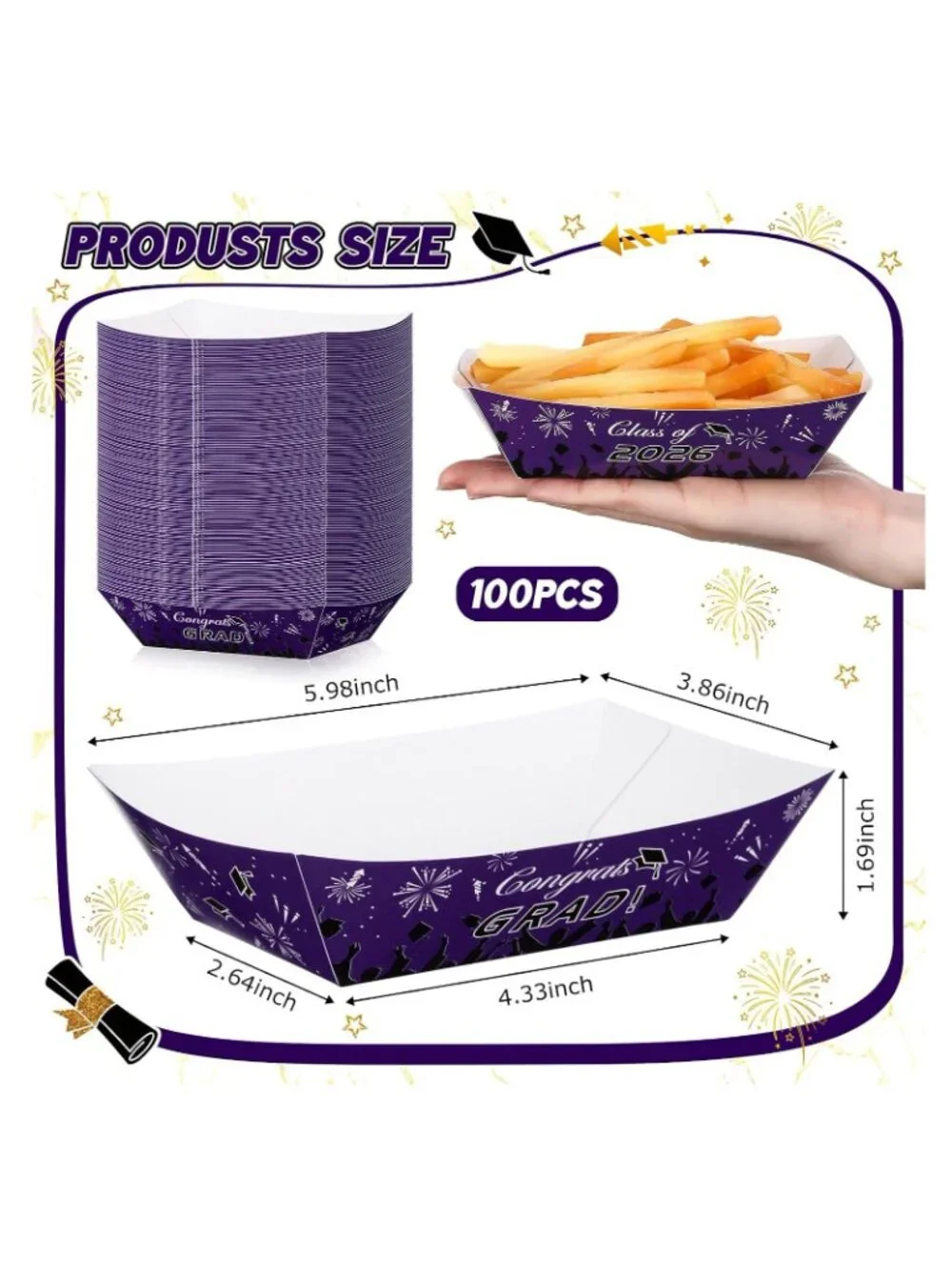 100 Pcs Class of 2026 Graduation Paper Food Trays | Disposable Serving Boats